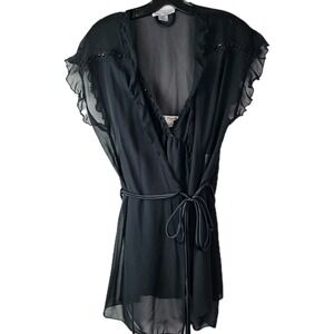 Linea Donatella Black Sheer Babydoll‎ Chemise & Robe Set Women's Medium Lingerie